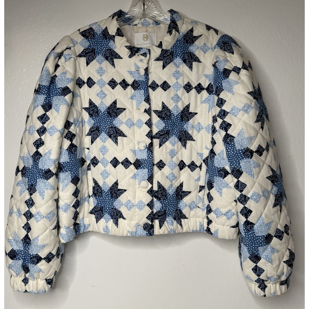 House Of Harlow 1960 Quilted Puffer Jacket Women L Cream Blue Retro Cottage New